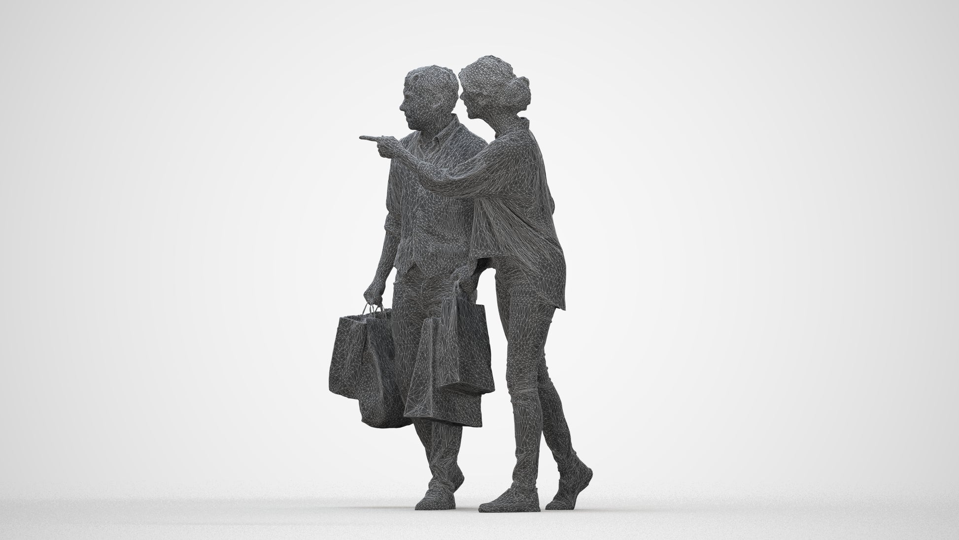 3D human model woman casual shopping, photogrammetry scanned person for archviz, wireframe back view