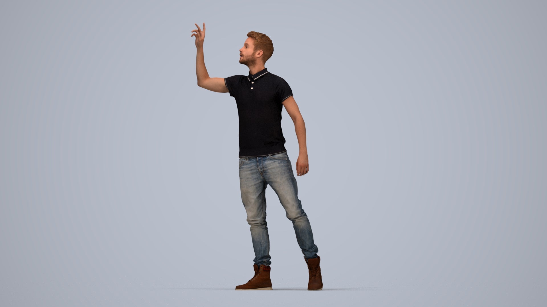3D human model man casual standing, photogrammetry scanned person for archviz, top-down view render