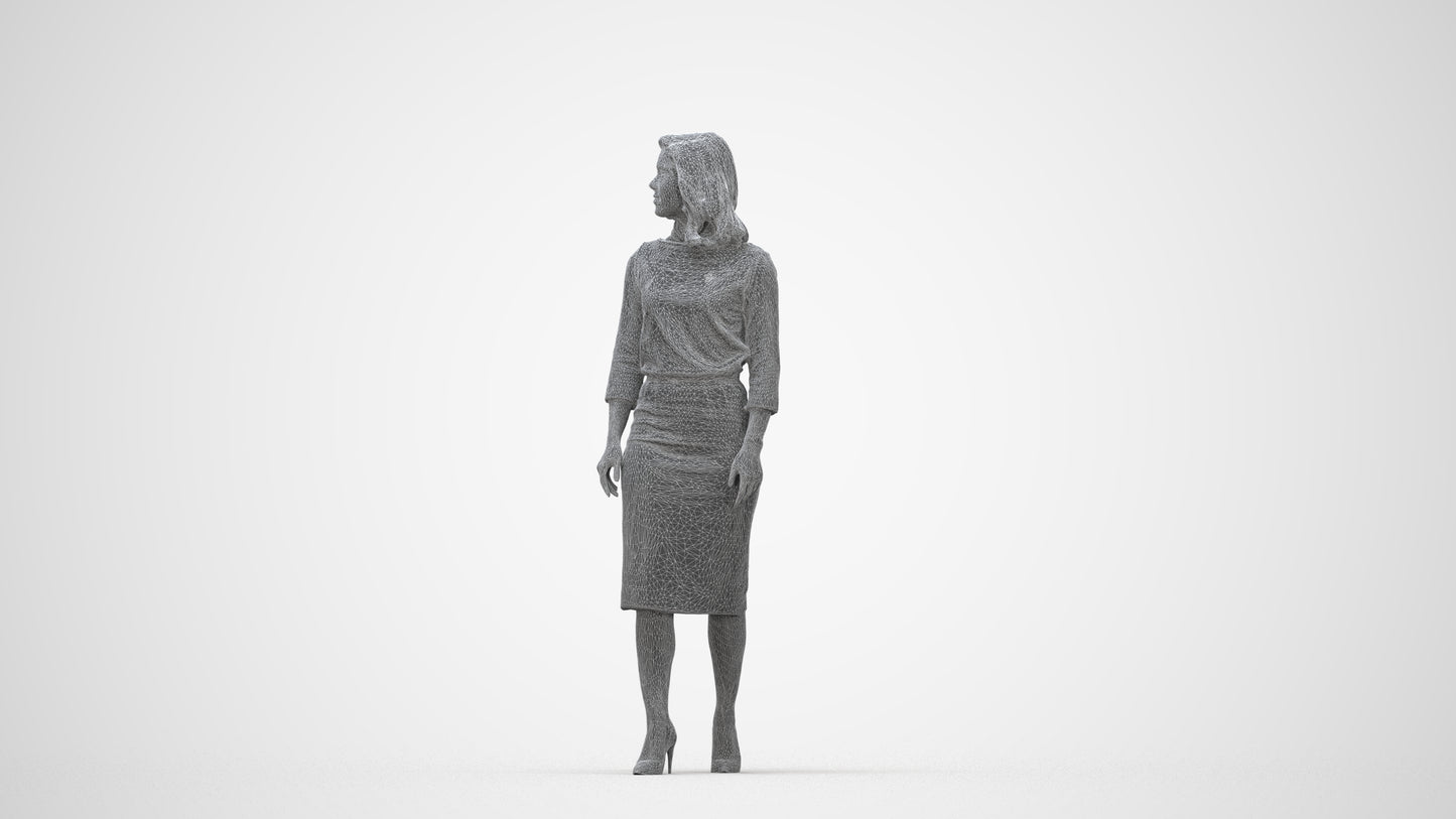 realistic 3D woman business standing, scanned archviz people for Blender and 3ds Max, wireframe back view