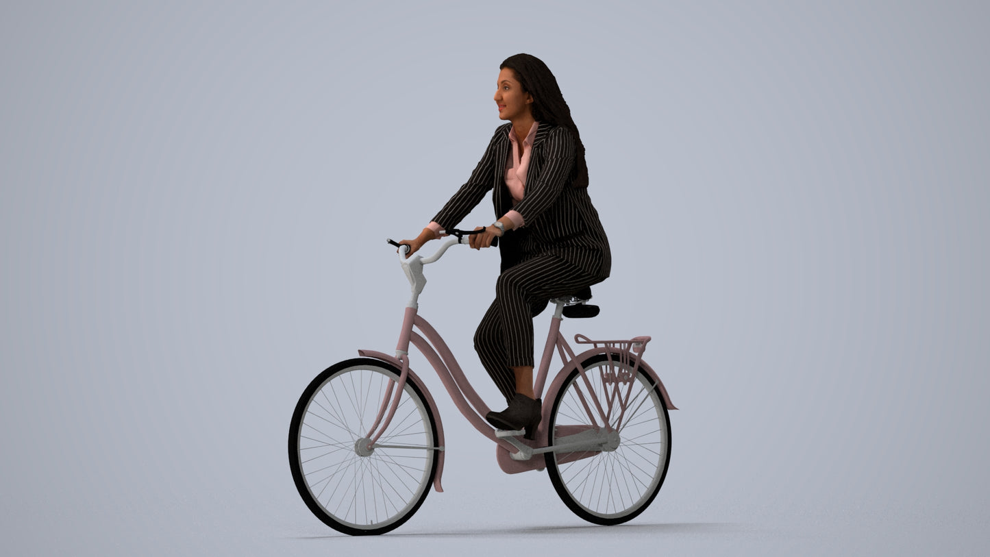 photogrammetry 3D woman business cycling, realistic human model archviz FBX, three-quarter view render