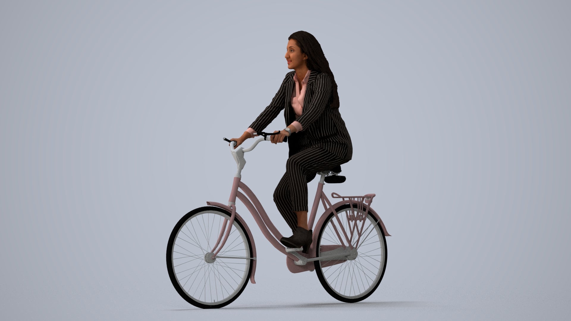 photogrammetry 3D woman business cycling, realistic human model archviz FBX, three-quarter view render