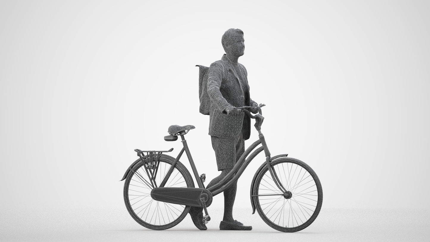 realistic 3D man business cycling, scanned archviz people for Blender and 3ds Max, wireframe side view