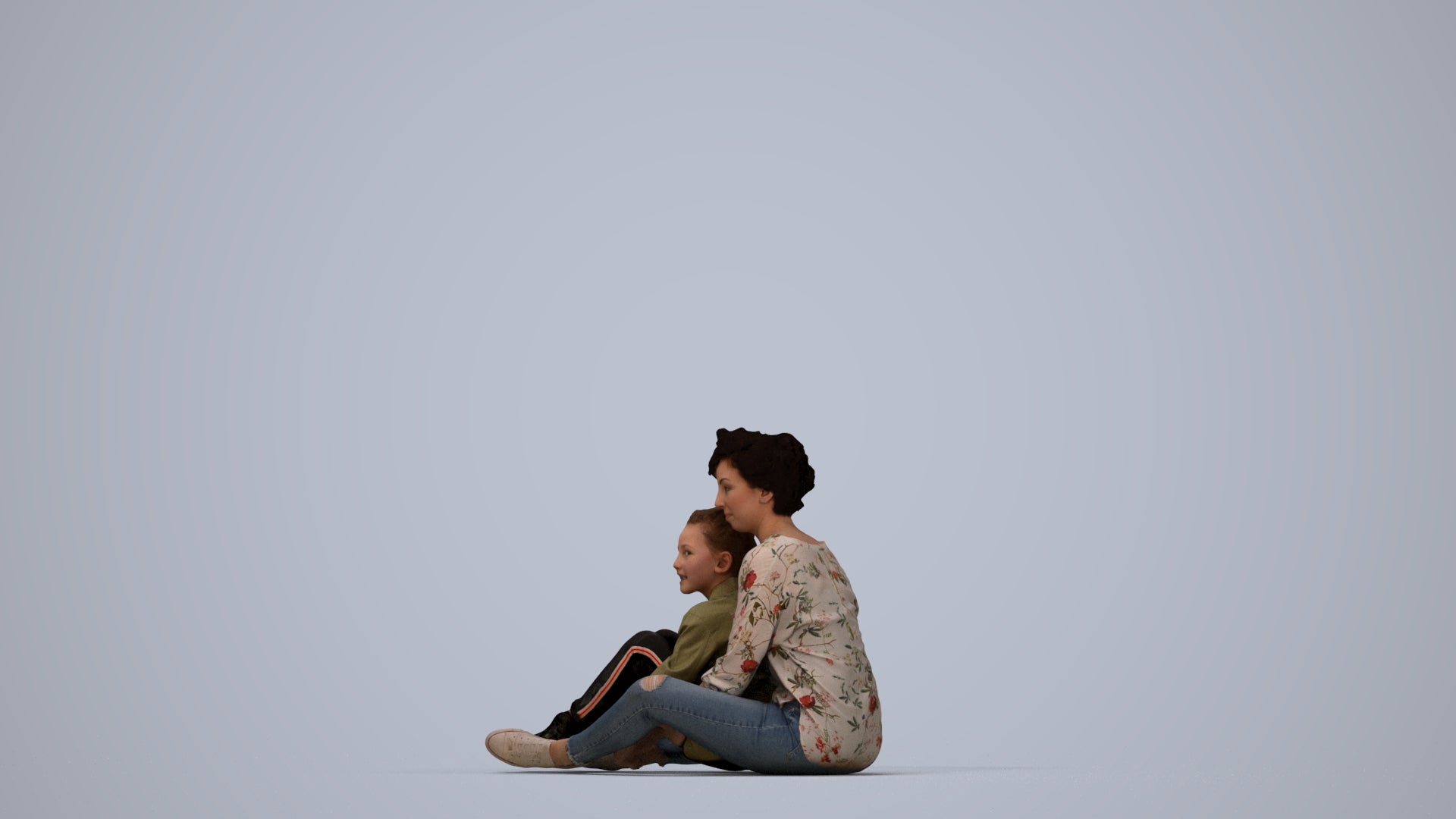 realistic 3D girl casual kids, scanned archviz people for Blender and 3ds Max, top-down view render