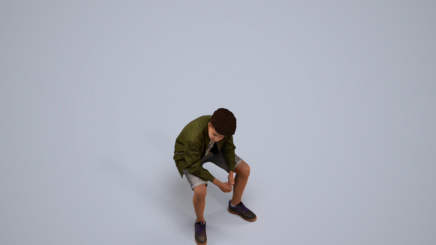 3D human model boy casual kids, photogrammetry scanned person for archviz, back view render