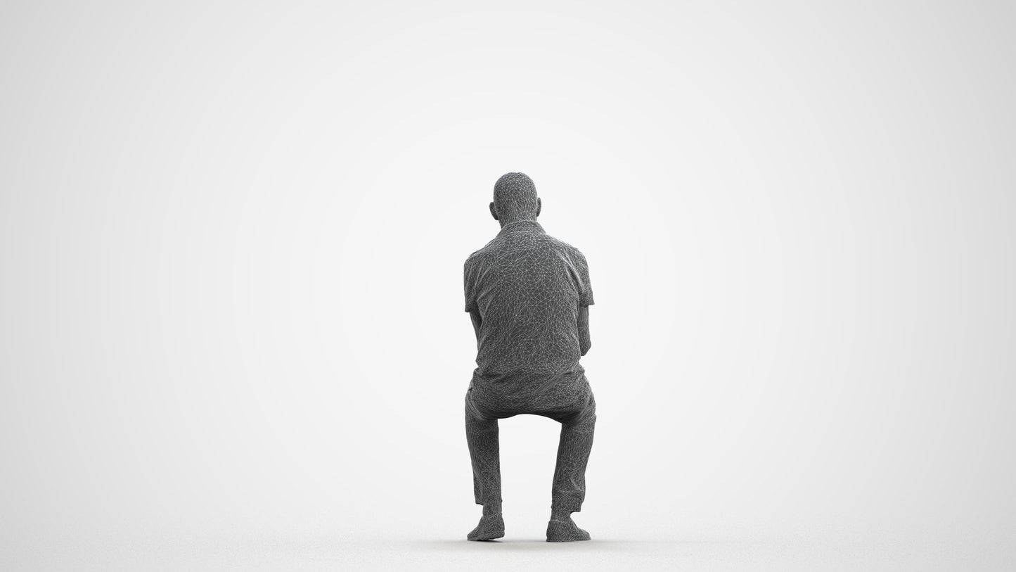 realistic 3D senior man casual sitting, scanned archviz people for Blender and 3ds Max, wireframe front view