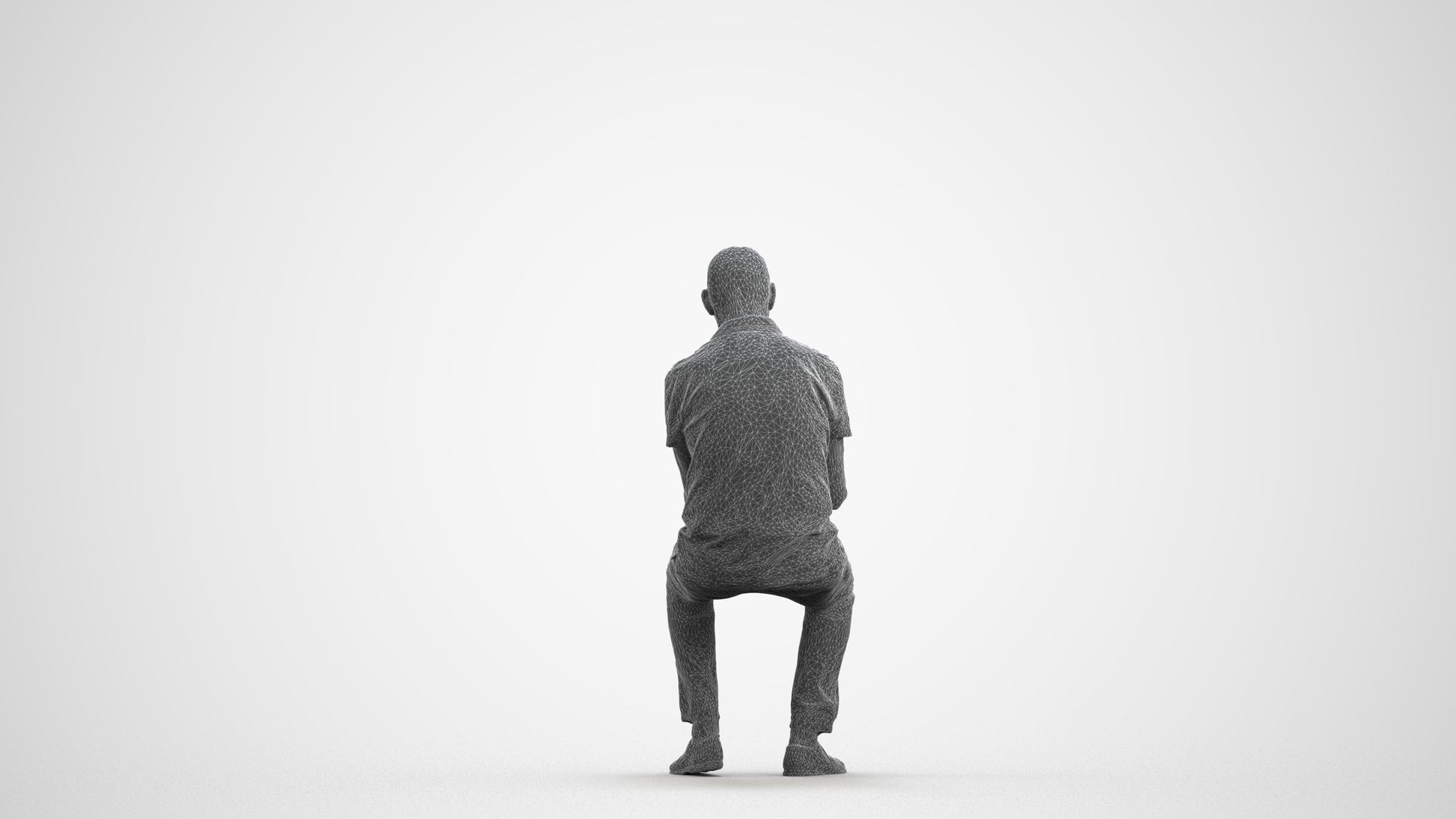 realistic 3D senior man casual sitting, scanned archviz people for Blender and 3ds Max, wireframe front view