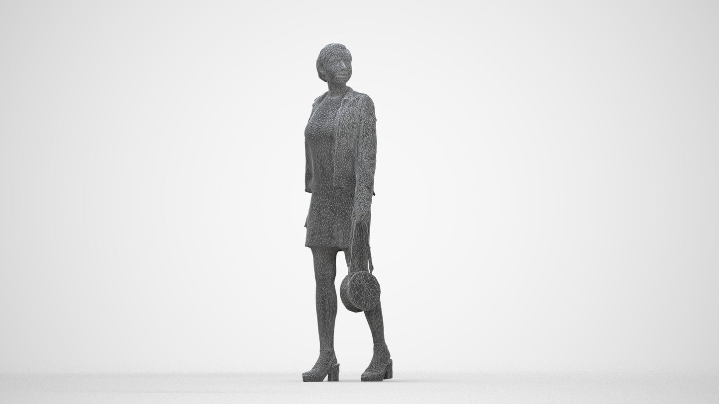 3D scanned woman walking casual, photorealistic archviz people for Enscape and SketchUp, wireframe back view