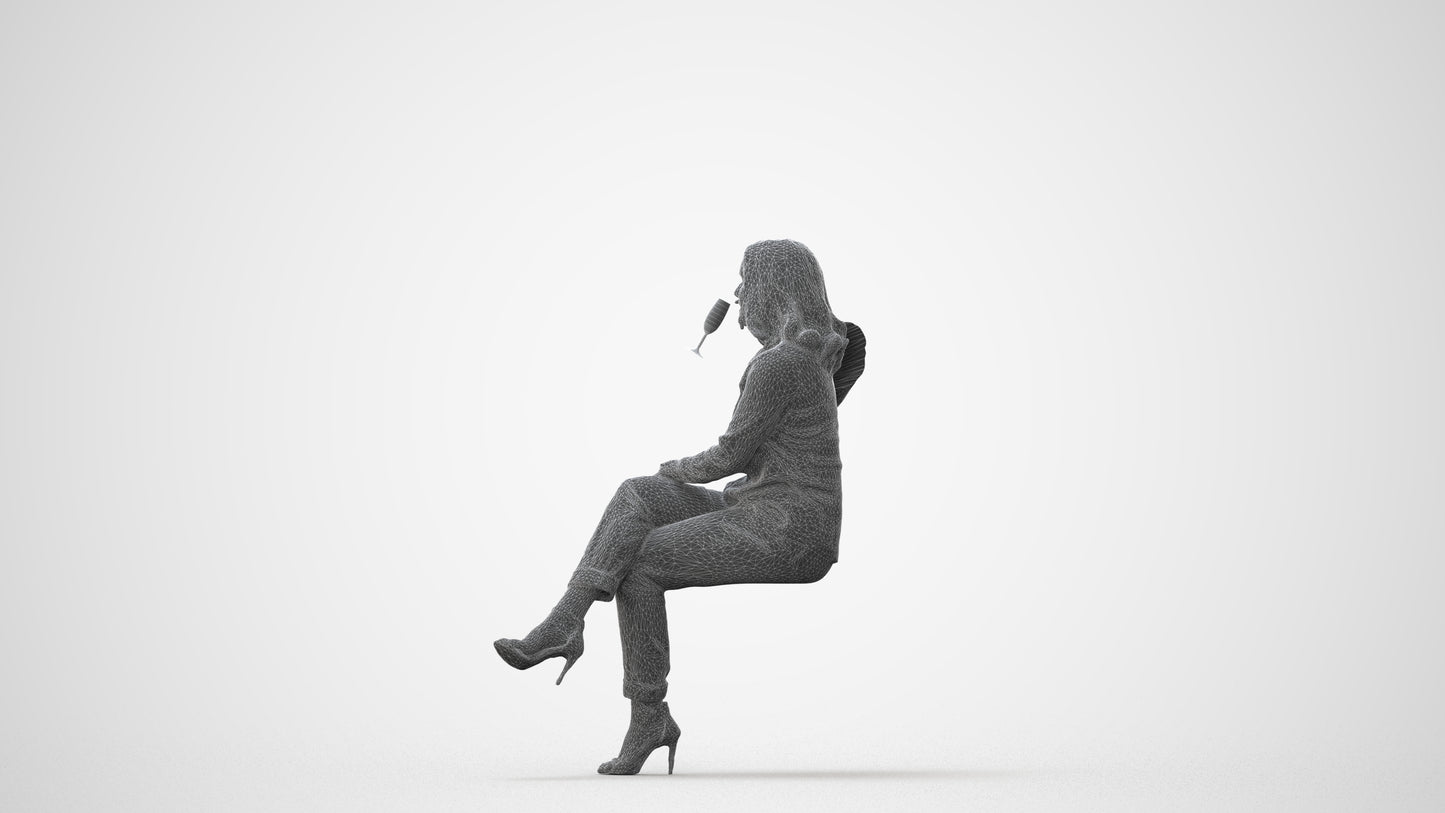 realistic 3D woman casual sitting, scanned archviz people for Blender and 3ds Max, square thumbnail