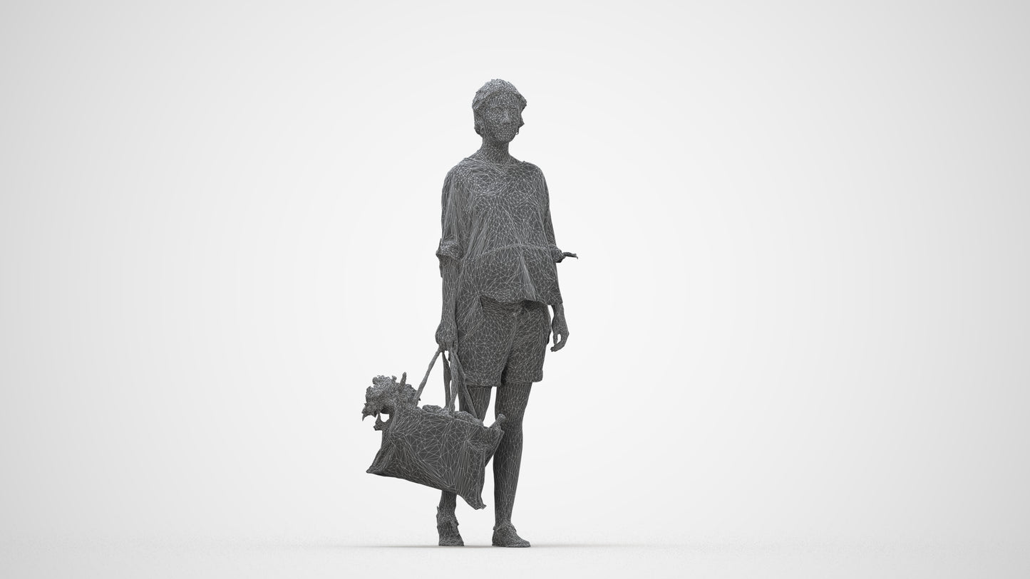 3D scanned woman shopping casual, photorealistic archviz people for Enscape and SketchUp, wireframe back view