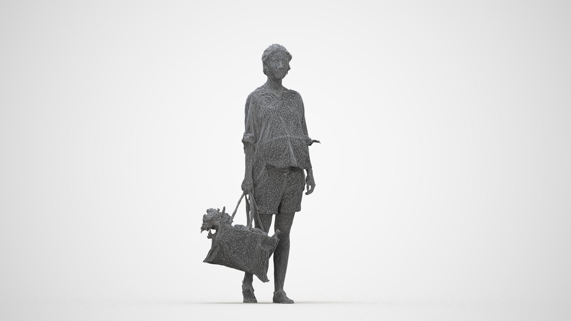 3D scanned woman shopping casual, photorealistic archviz people for Enscape and SketchUp, wireframe back view
