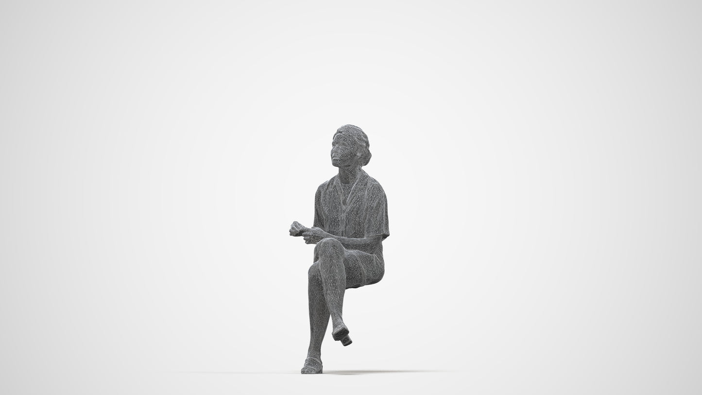 scanned 3D woman casual sitting, photogrammetry people for Enscape and V-Ray, wireframe back view