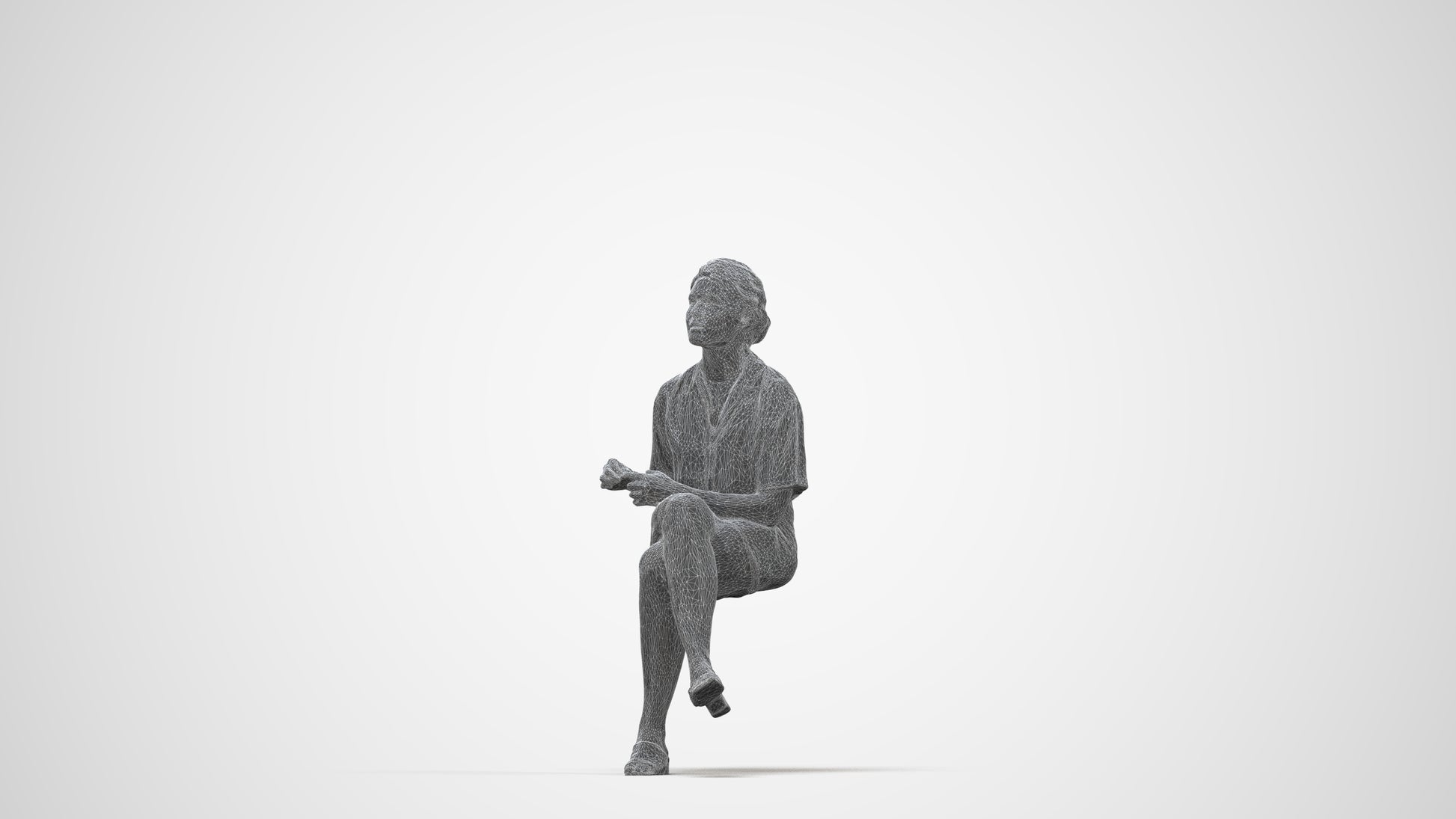 scanned 3D woman casual sitting, photogrammetry people for Enscape and V-Ray, wireframe back view