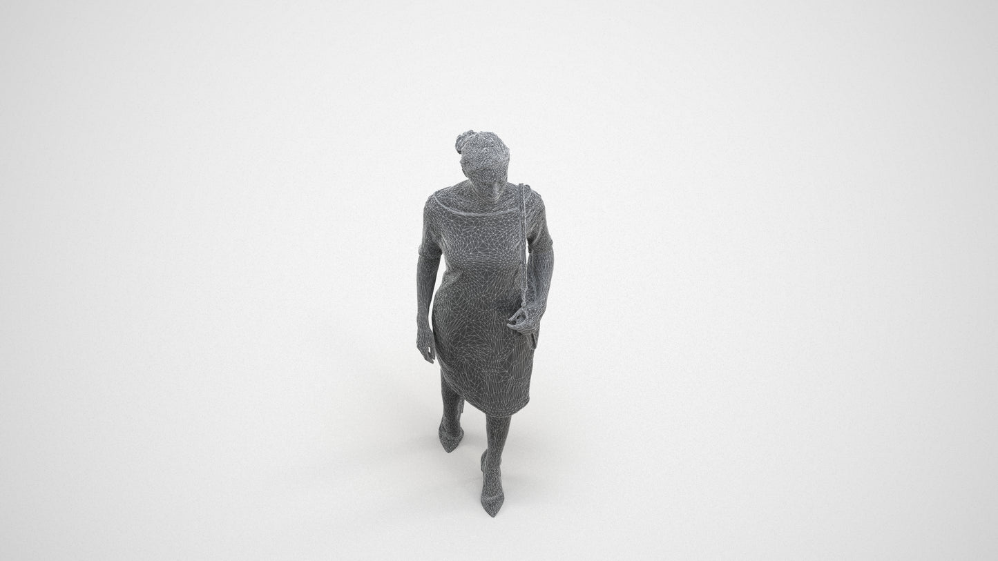 realistic 3D woman casual walking, scanned archviz people for Blender and 3ds Max, wireframe three-quarter view