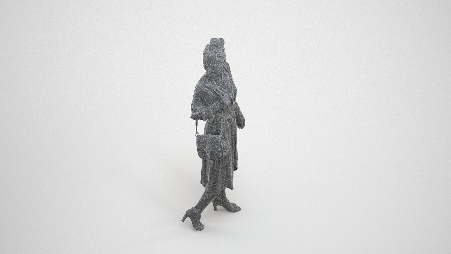 3D human model woman casual walking, photogrammetry scanned person for archviz, wireframe three-quarter view