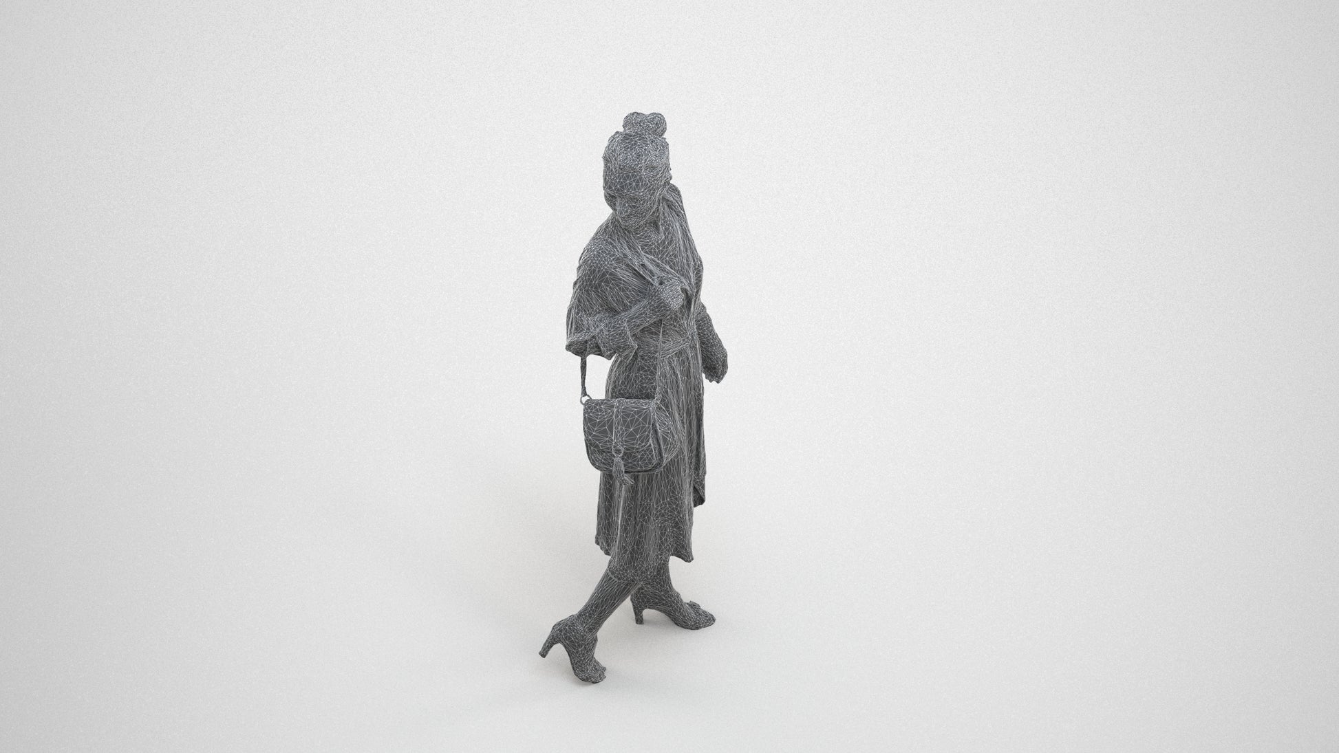 3D human model woman casual walking, photogrammetry scanned person for archviz, wireframe three-quarter view