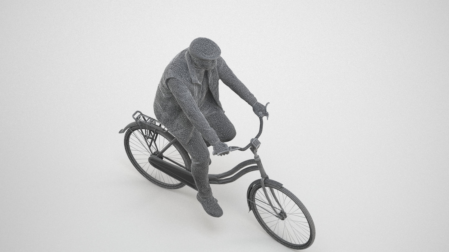 3D people model man casual cycling, scanned human for 3ds Max rendering, wireframe three-quarter view