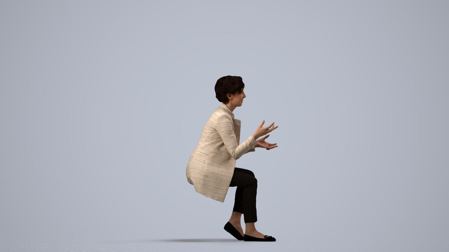 realistic 3D woman business sitting, scanned archviz people for Blender and 3ds Max, side view render
