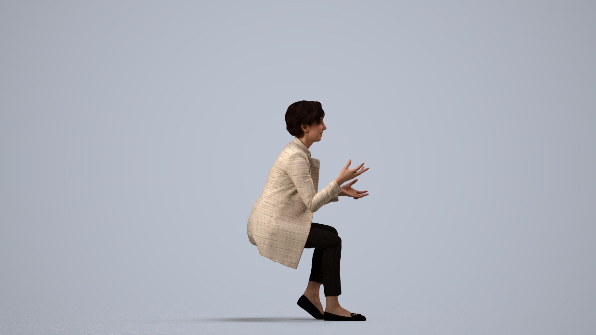 realistic 3D woman business sitting, scanned archviz people for Blender and 3ds Max, side view render