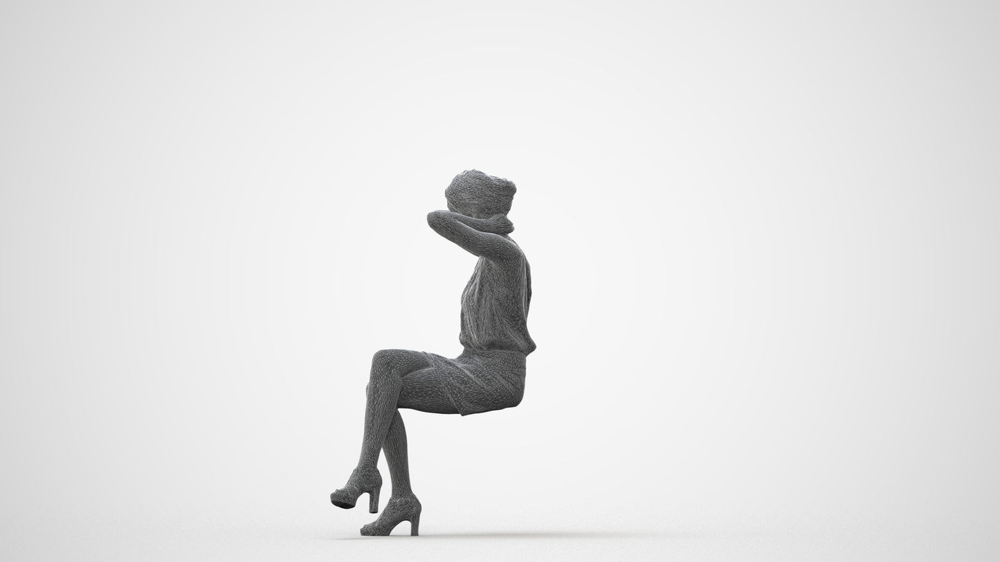realistic 3D woman casual sitting, scanned archviz people for Blender and 3ds Max, square thumbnail