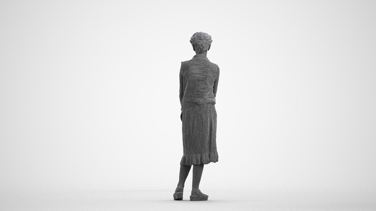 3D human model woman casual standing, photogrammetry scanned person for archviz, wireframe front view