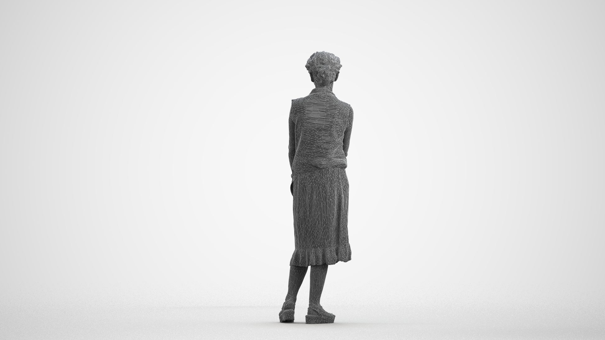 3D human model woman casual standing, photogrammetry scanned person for archviz, wireframe front view