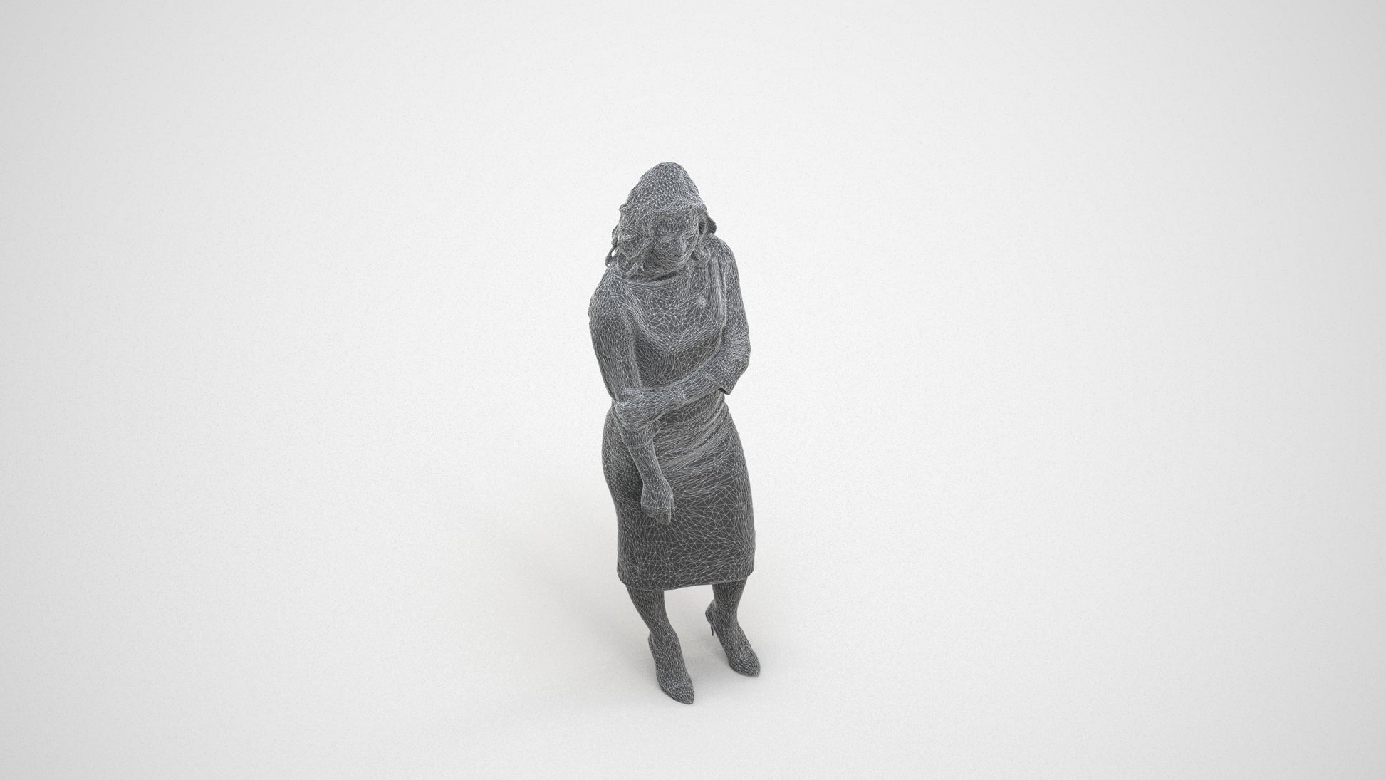realistic 3D human woman business standing, archviz people FBX OBJ for Blender, wireframe three-quarter view