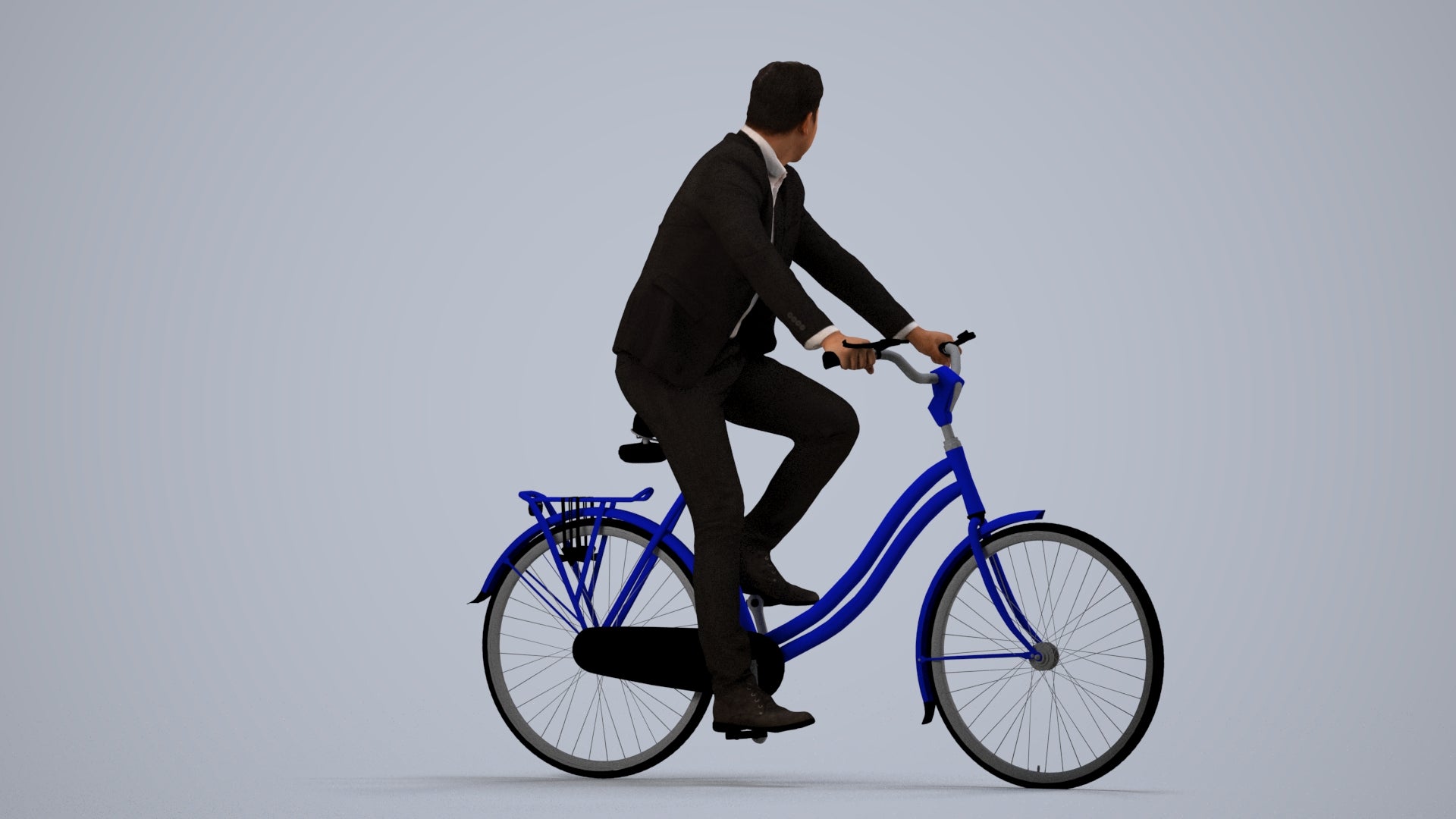 3D human model man business cycling, photogrammetry scanned person for archviz, side view render