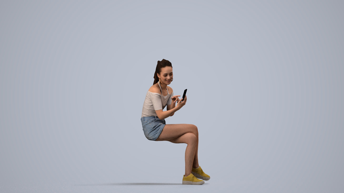 realistic 3D woman casual sitting, scanned archviz people for Blender and 3ds Max, side view render