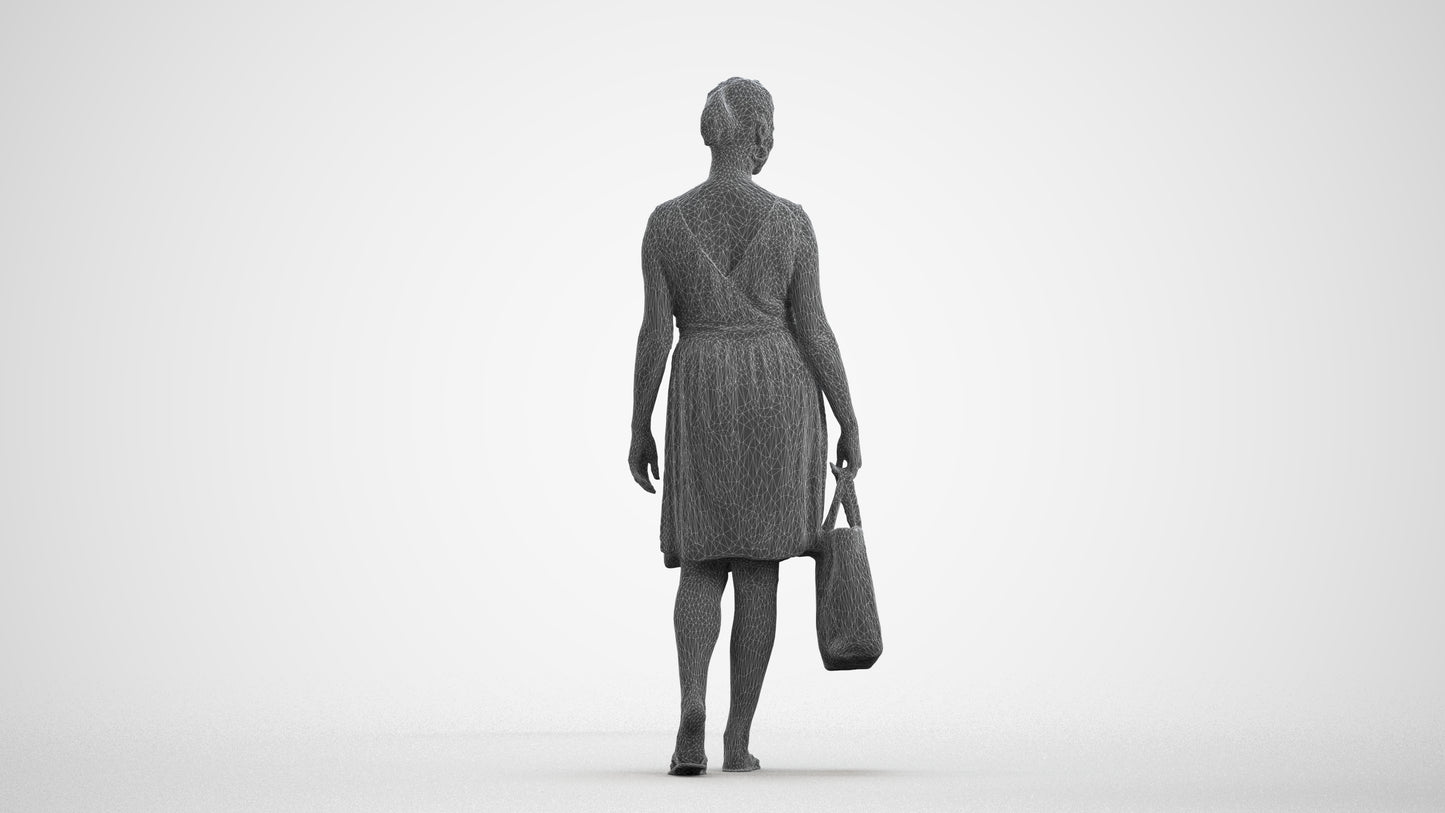 3D scanned woman shopping casual, photorealistic archviz people for Enscape and SketchUp, wireframe front view