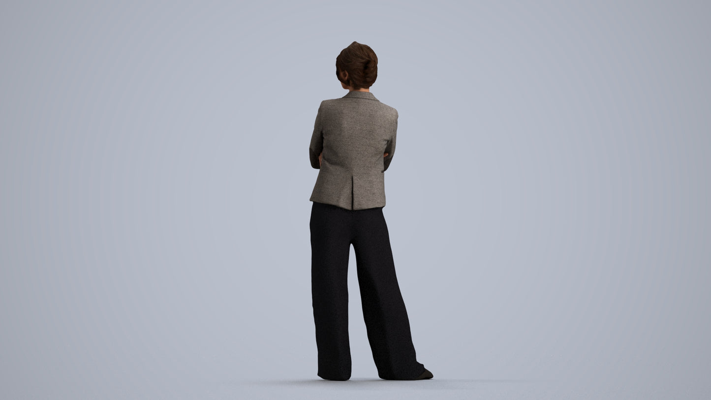 3D human model woman business, photogrammetry scanned person for archviz, front view render