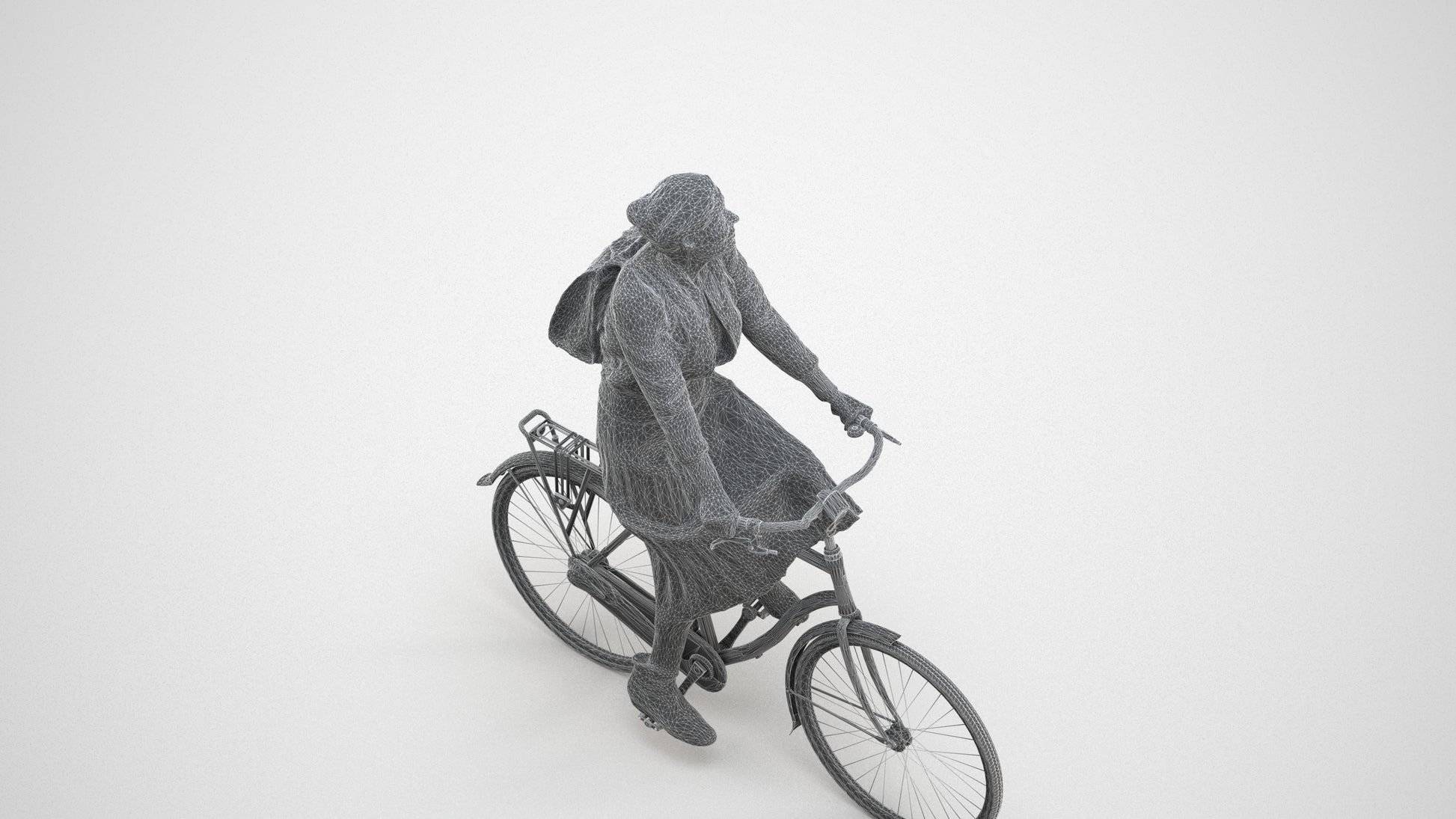 realistic 3D human woman casual cycling, archviz people FBX OBJ for Blender, wireframe three-quarter view