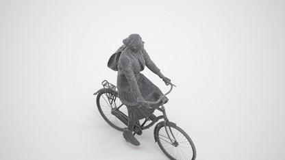 realistic 3D human woman casual cycling, archviz people FBX OBJ for Blender, wireframe three-quarter view