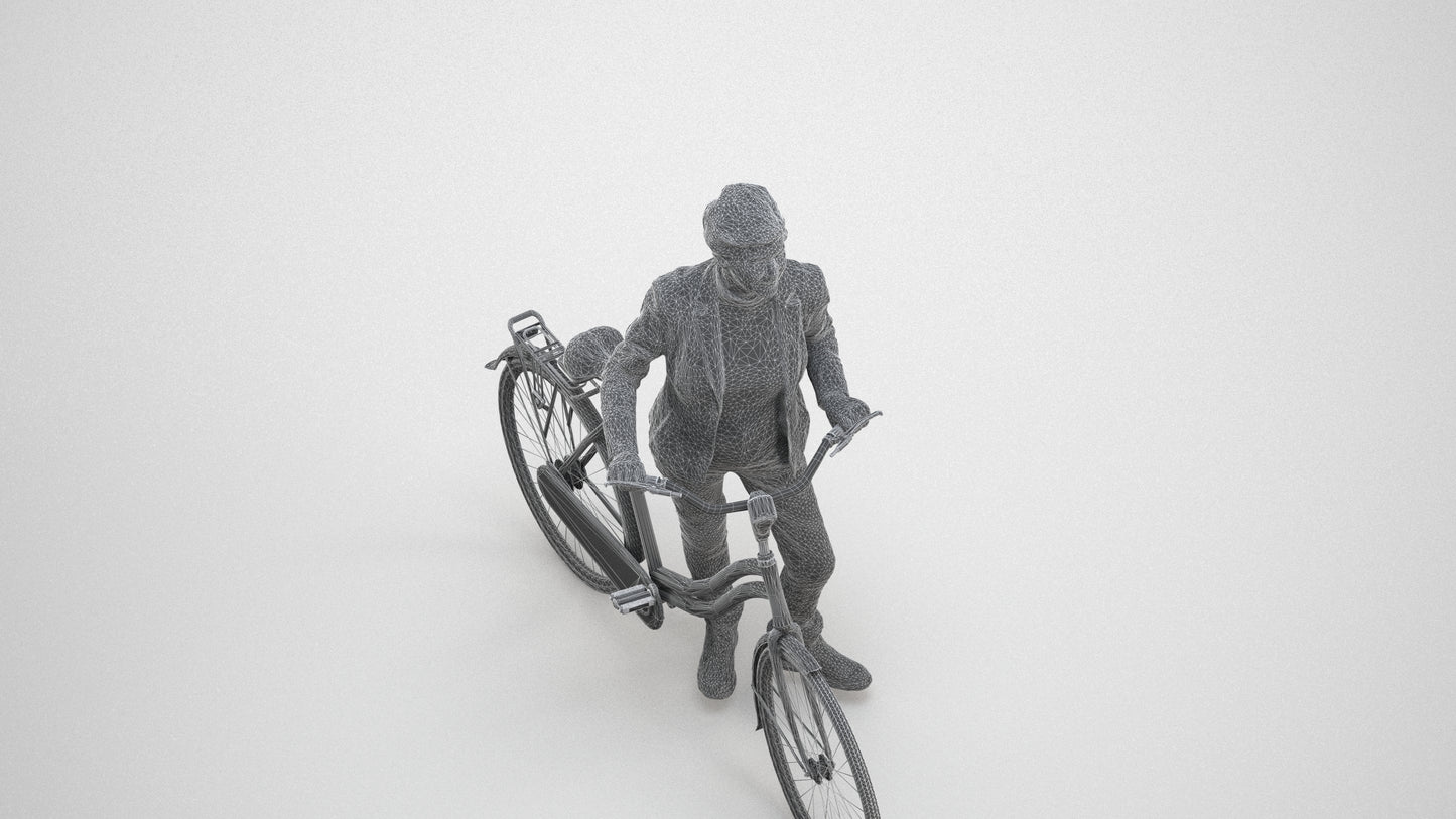 3D human model senior woman business cycling, photogrammetry scanned person for archviz, wireframe three-quarter view
