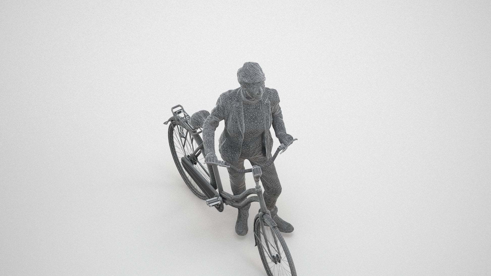 3D human model senior woman business cycling, photogrammetry scanned person for archviz, wireframe three-quarter view
