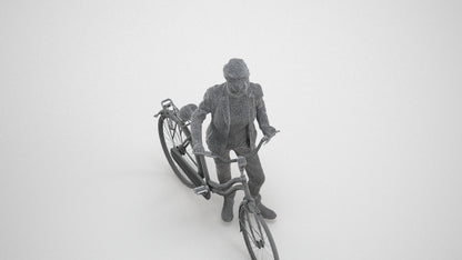 3D human model senior woman business cycling, photogrammetry scanned person for archviz, wireframe three-quarter view