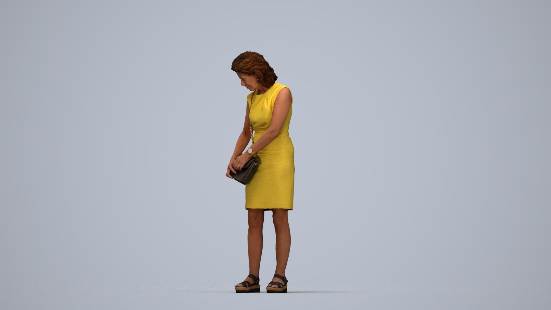 photogrammetry 3D woman business standing, realistic human model archviz FBX, top-down view render