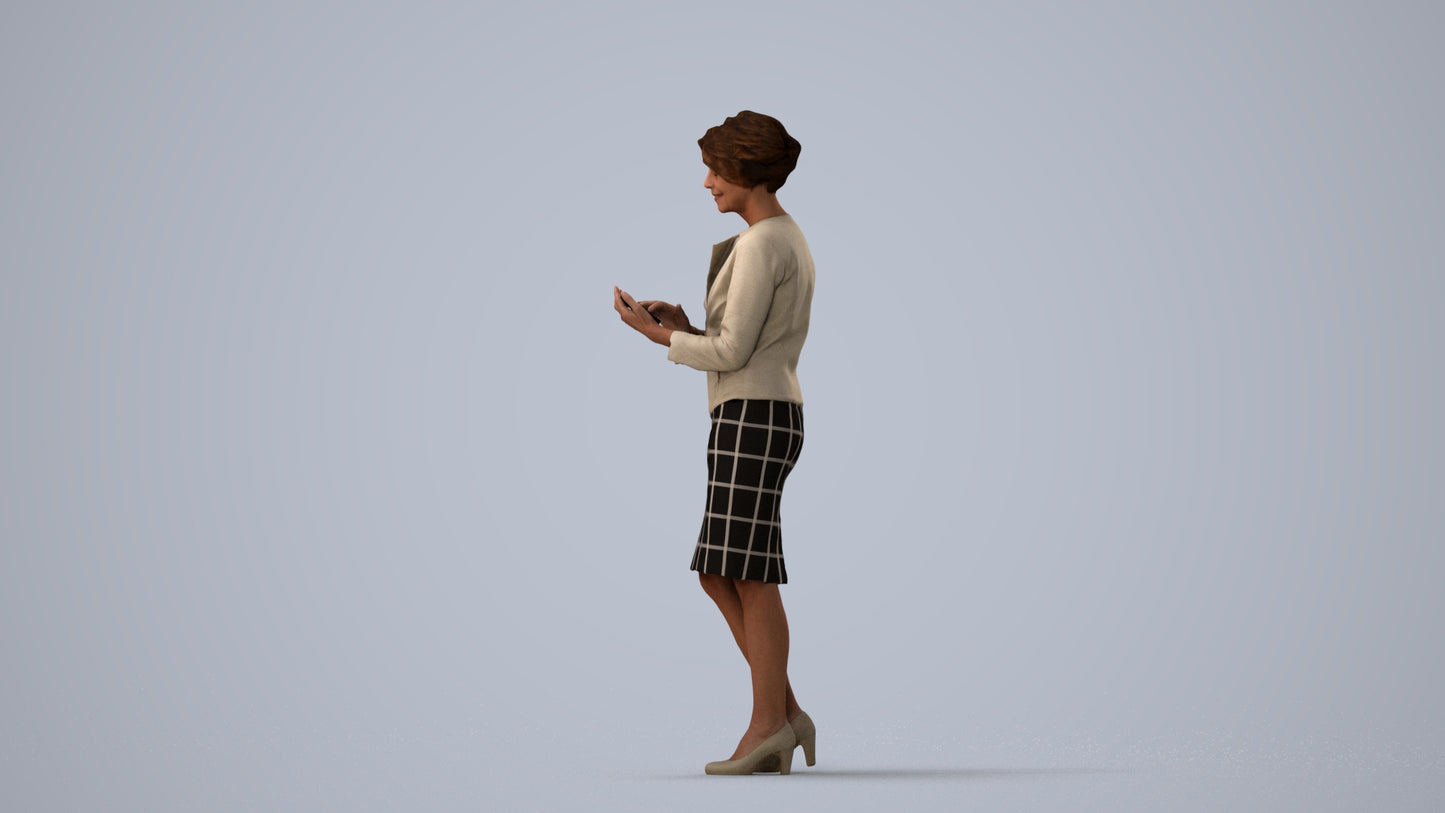 3D scanned woman standing business, photorealistic archviz people for Enscape and SketchUp, three-quarter view render