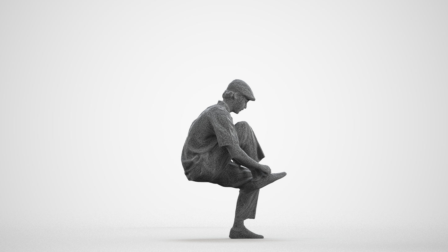3D scanned man sitting casual, photorealistic archviz people for Enscape and SketchUp, wireframe front view