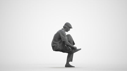 3D scanned man sitting casual, photorealistic archviz people for Enscape and SketchUp, wireframe front view