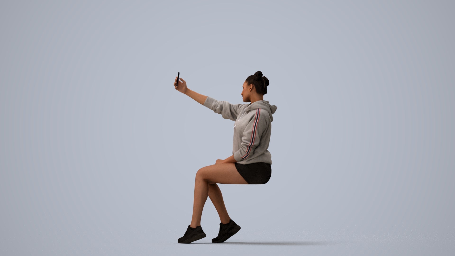 scanned 3D woman casual sitting, photogrammetry people for Enscape and V-Ray, three-quarter view render