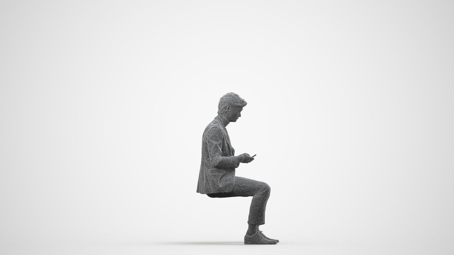 photogrammetry 3D man business sitting, realistic human model archviz FBX, wireframe side view