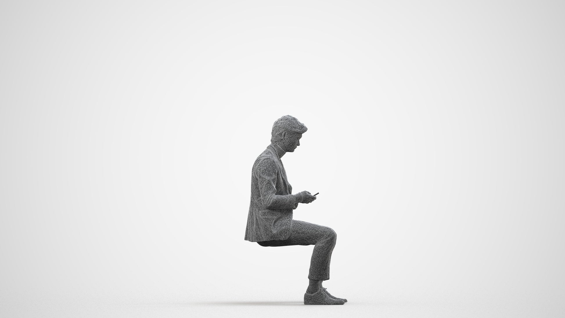 photogrammetry 3D man business sitting, realistic human model archviz FBX, wireframe side view
