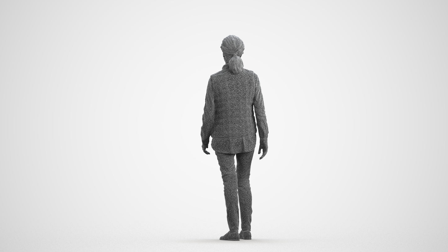 realistic 3D senior woman casual walking, scanned archviz people for Blender and 3ds Max, wireframe front view