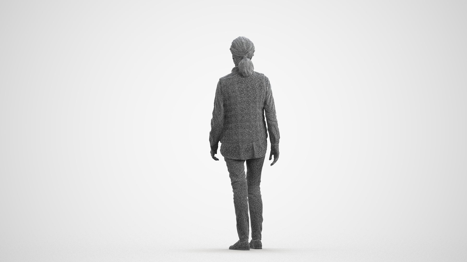 realistic 3D senior woman casual walking, scanned archviz people for Blender and 3ds Max, wireframe front view