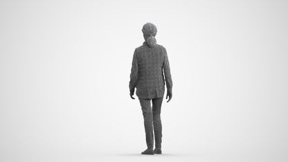 realistic 3D senior woman casual walking, scanned archviz people for Blender and 3ds Max, wireframe front view