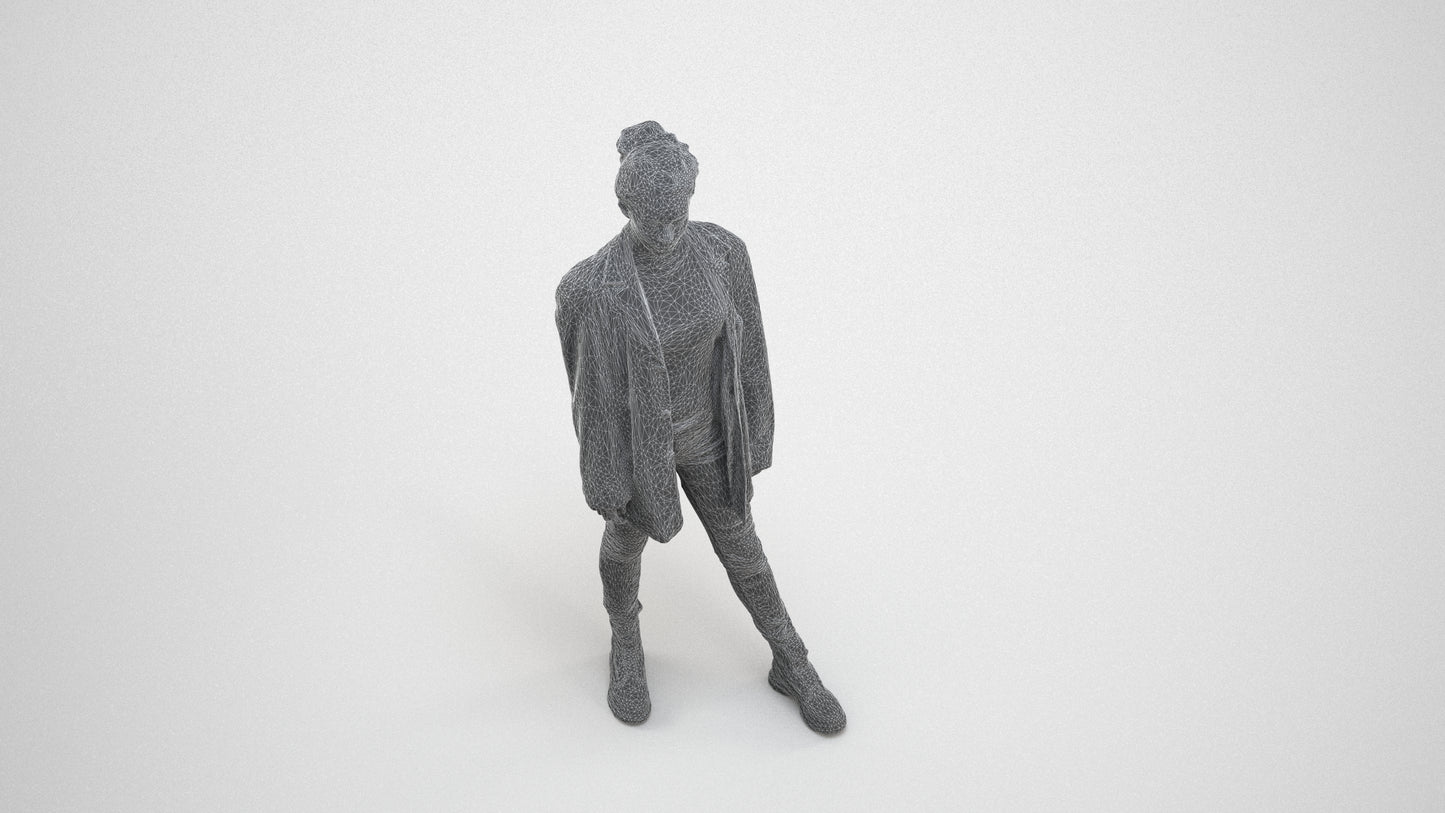 3D human model woman casual mix, photogrammetry scanned person for archviz, wireframe three-quarter view