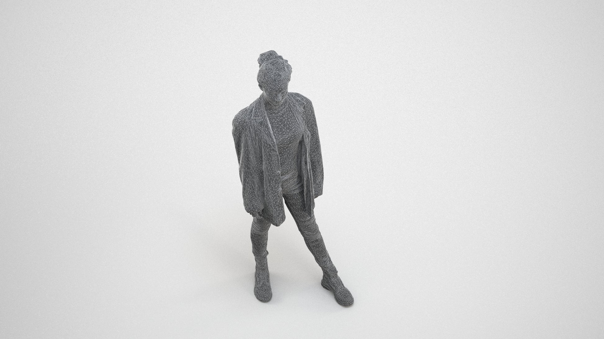 3D human model woman casual mix, photogrammetry scanned person for archviz, wireframe three-quarter view
