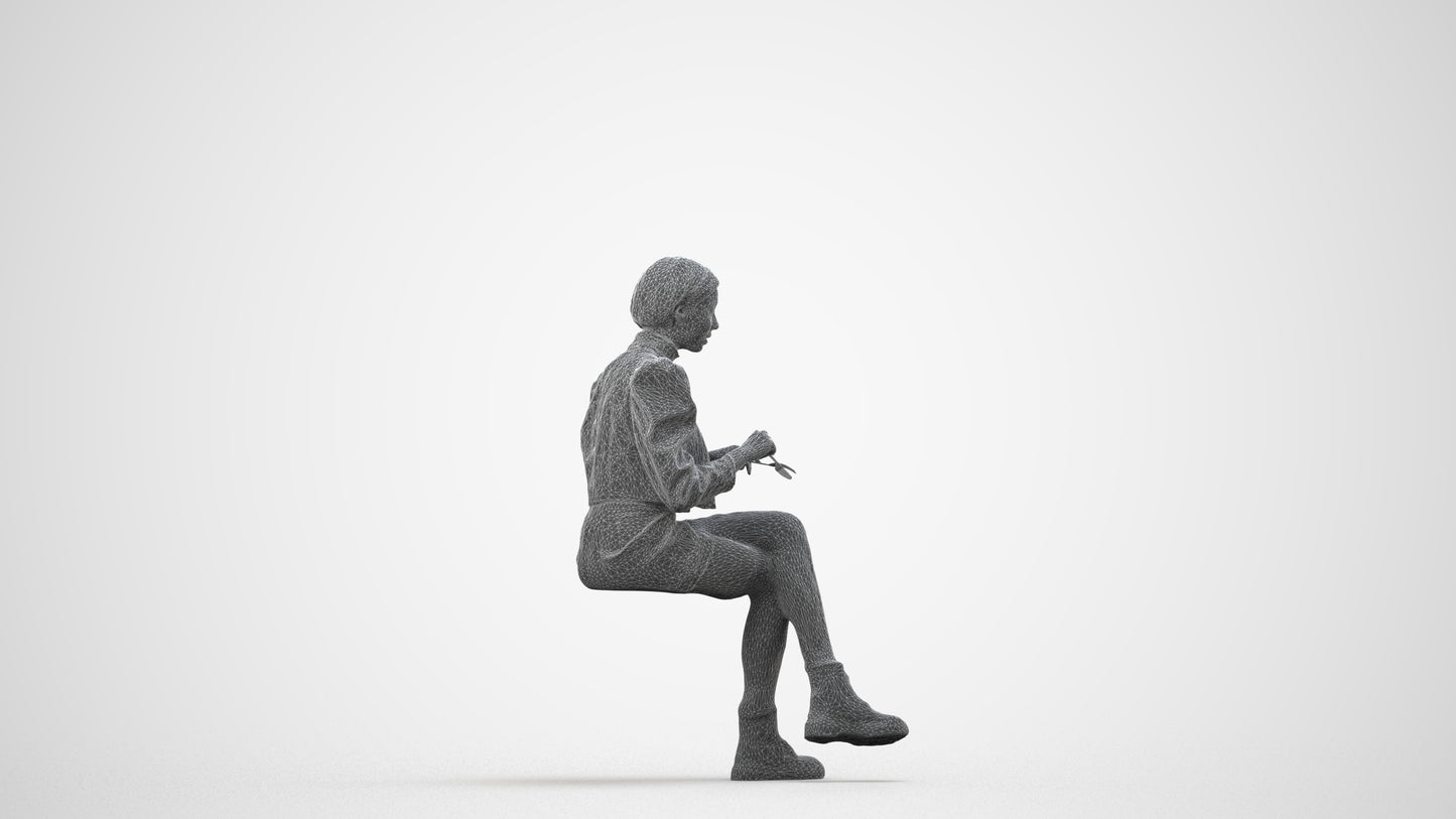 3D people model woman casual sitting, scanned human for 3ds Max rendering, wireframe side view