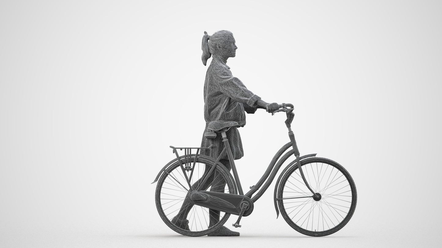 scanned 3D woman casual cycling, photogrammetry people for Enscape and V-Ray, wireframe side view
