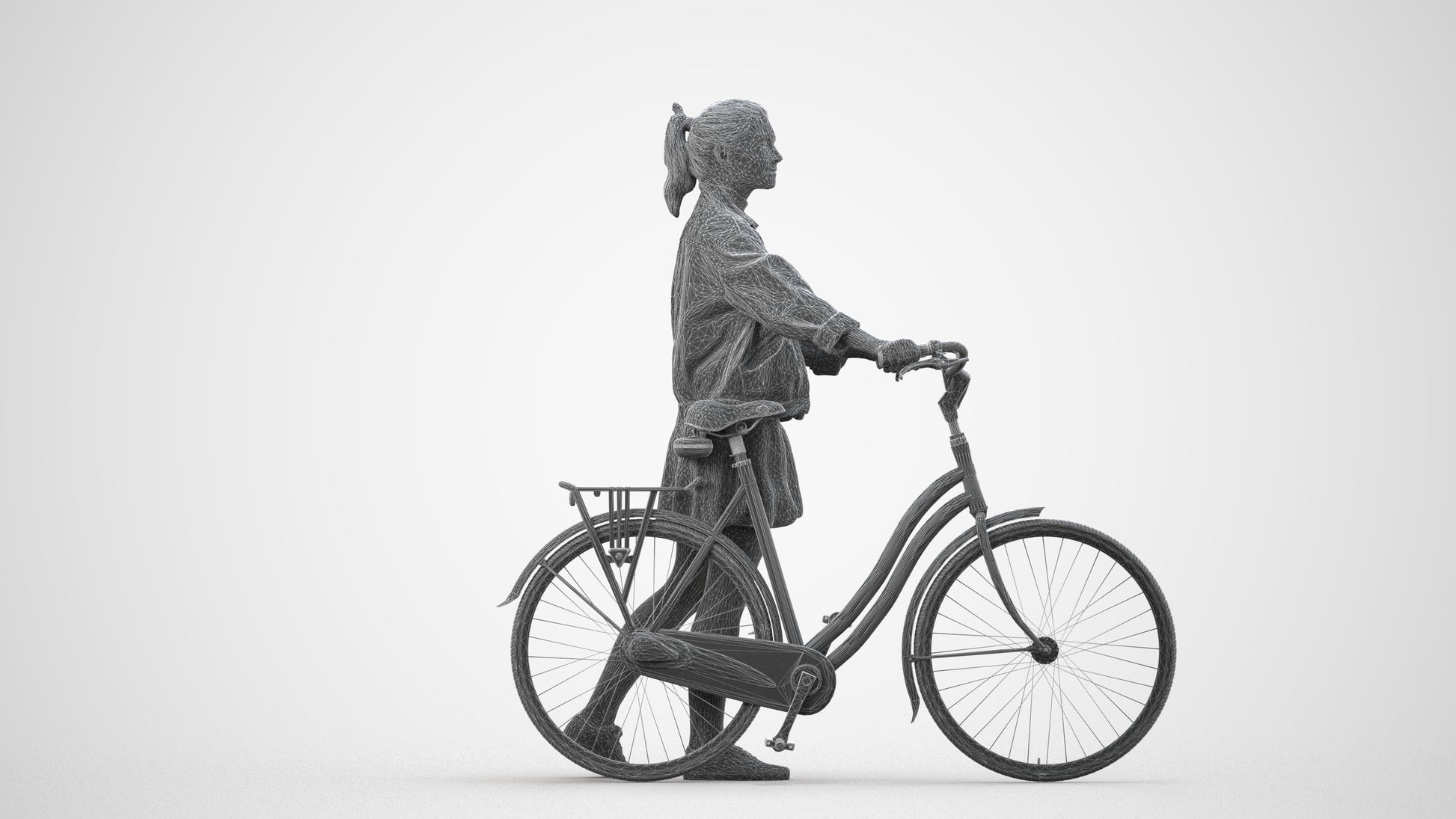 scanned 3D woman casual cycling, photogrammetry people for Enscape and V-Ray, wireframe side view